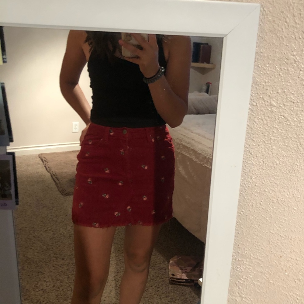 Tilly’s Red corduroy skirt w/ embroidered flowers